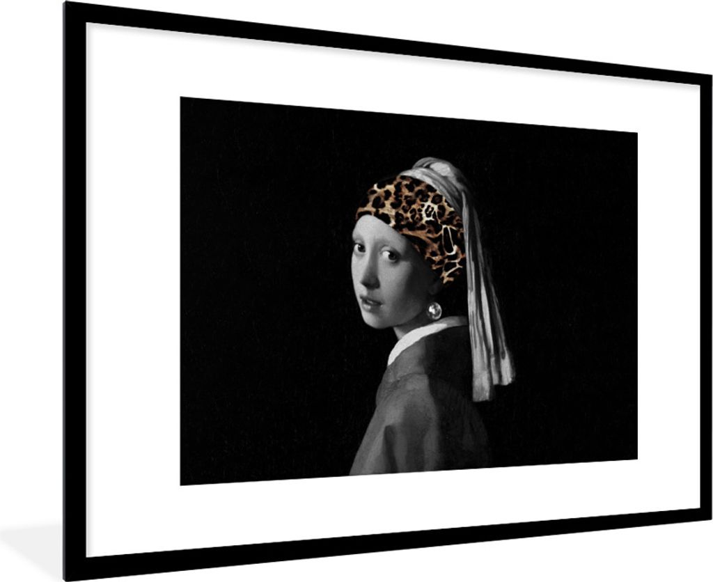 MuchoWow Gerahmtes Poster Girl with a Pearl Earring - Stirnband - Pantherdruck 90x60 cm - Poster mit Schwarzem Bilderrahmen Wandposter Rahmen Fot...