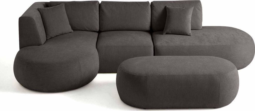 Lisa Design Santorini - 5-Sitzer Modulares Ecksofa links + Hocker - aus strukturiertem Samt , Grau