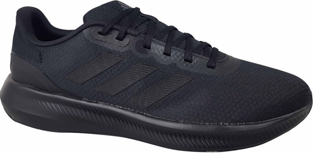A black Adidas sneaker shown from the side on a white background.