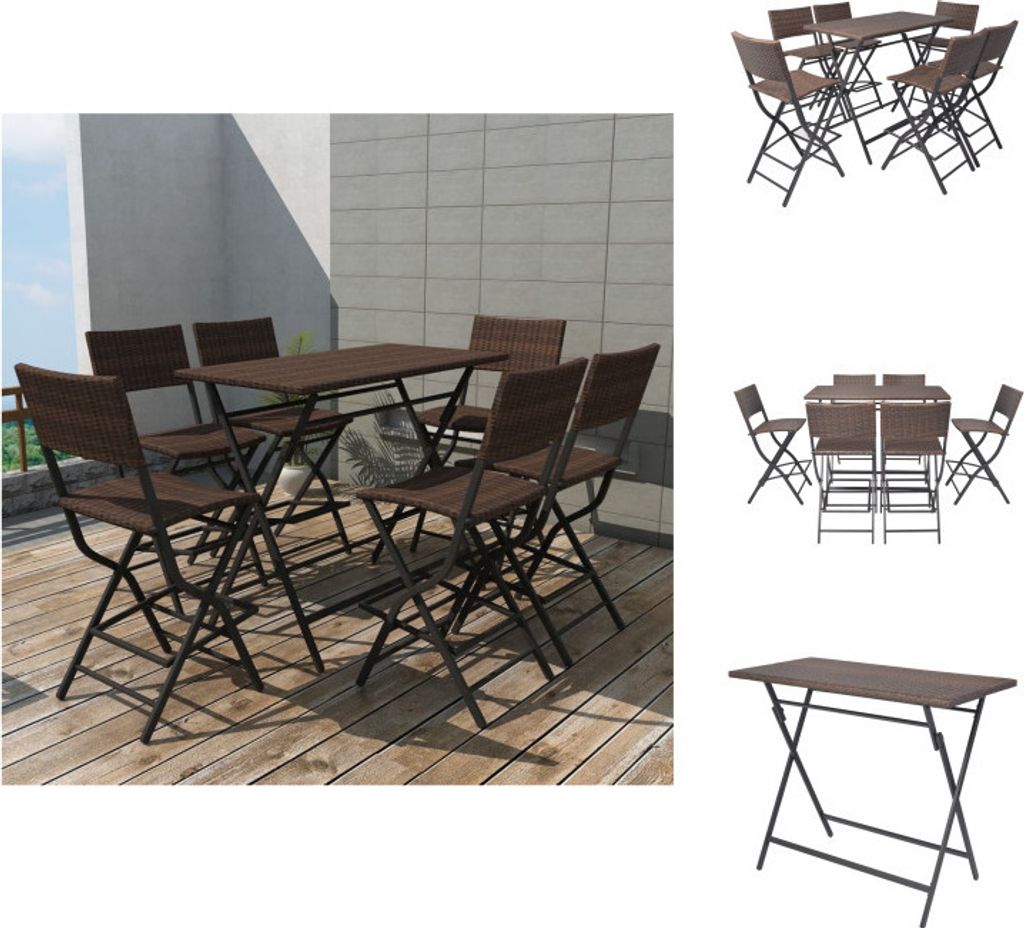 vidaXL 7-tlg. Garten-Essgruppe Klappbar Stahl Poly Rattan Braun - Gartenmöbel-Sets