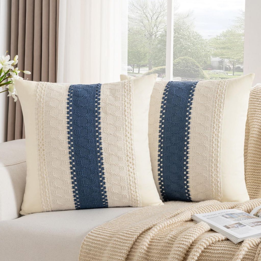 Set mit 2 Boho-Kissenbezügen 50x50 cm, Baumwolle, marineblau, für Sofa, modern gewebt, strukturierte dekorative Kissenbezüge für Sofa, Sessel, ...