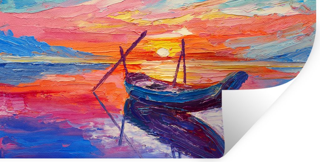MuchoWow Wandtattoo Wandsticker Wandaufkleber Malerei - Boot - Ölfarbe - Wasser 40x20 cm Selbstklebend und Repositionierbar - Aufkleber