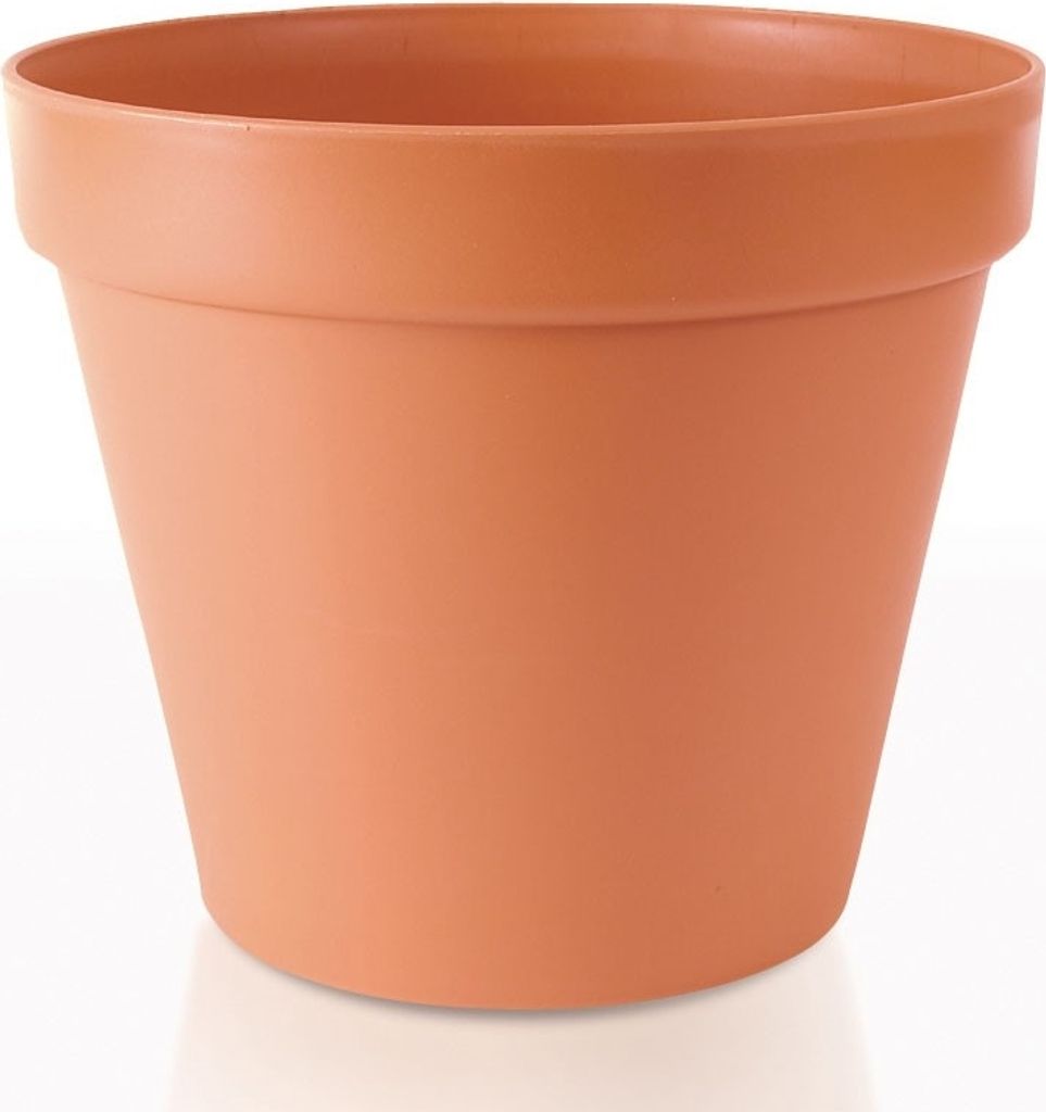 A terracotta-colored plant pot is shown against a white background.