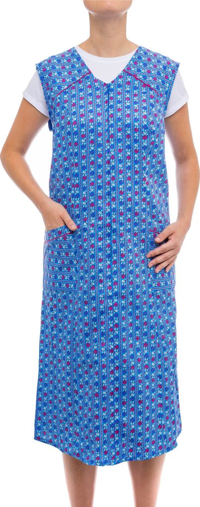Tobeni Damen Kittelschürze lang mit Reissverschluss und Taschen ohne Arm 100% Baumwolle, Farbe:Design 11, Grösse:62