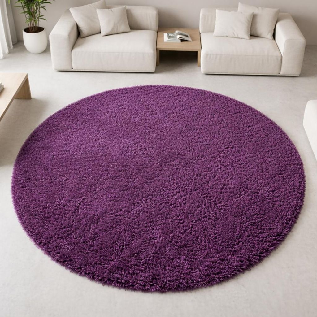 Shaggy Teppich in Lila für Wohnzimmer und Schlafzimmer – moderner Hochflor Teppich besonders weich und stilvoll Größe - 120 cm Rund