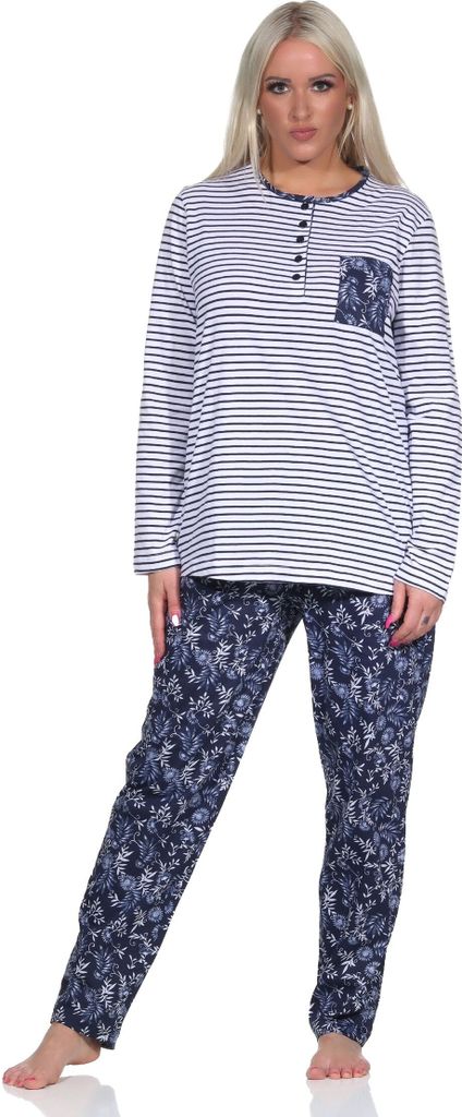 Normann Damen Schlafanzug Pyjama lang, Oberteil gestreift, Hose Blümchenmuster - 122 881 ; weiss , 36