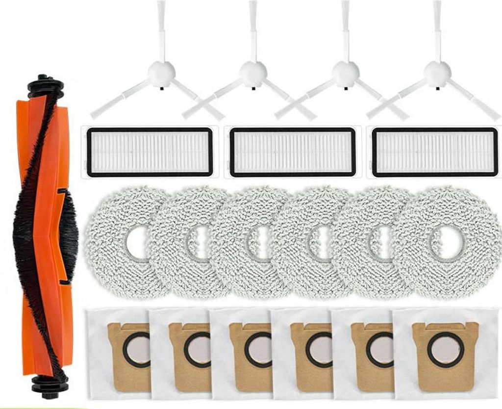 A collection of cleaning accessories for a robot vacuum cleaner, including brushes, filters, and mop pads.