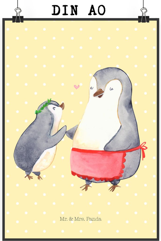 Mr. & Mrs. Panda Bild Pinguin mit Kind DIN A0 - Gelb Pastell - Geschenk, Muttertag, Wandbild, Familie, Vorbild Mama, Design Poster, wanddeko, Mutte...