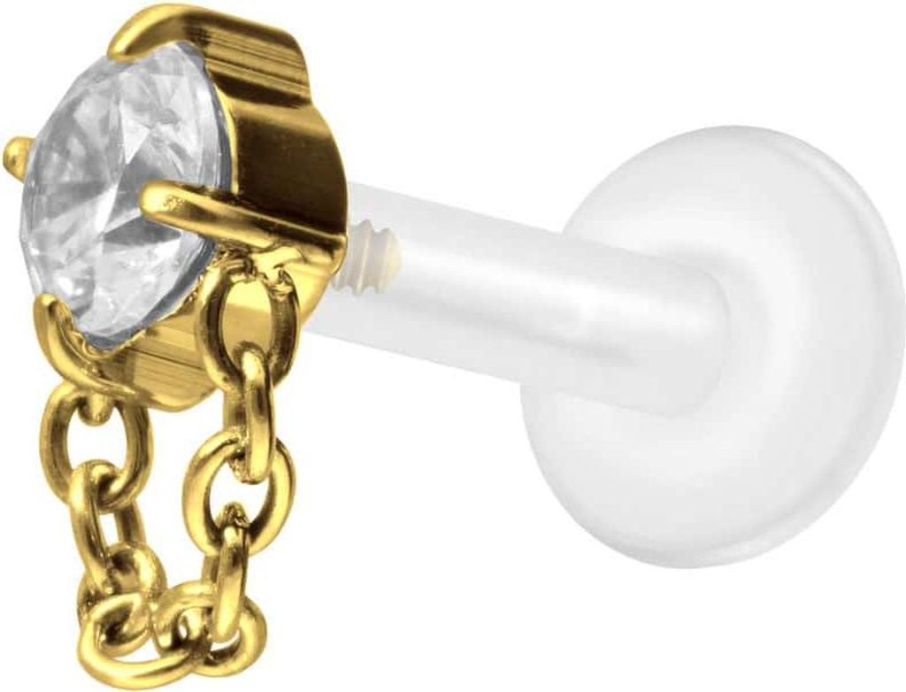 Ohrpiercing, Nasenpiercing PTFE Labret mit Innengewinde + Titan-Aufsatz KRISTALL + KETTE Gold Stablänge: 10mm | Stabstärke: 1,6mm