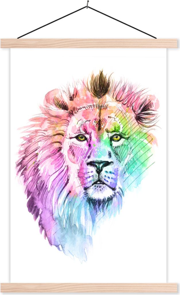 MuchoWow Textilposter Löwe - Farben - Illustration 60x90 cm mit holzfarbenen Rahmen - Textil
