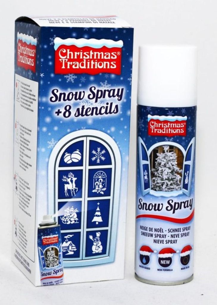 A box of Christmas Traditions Snow Spray with 8 stencils and a can of the spray are shown against a white background.