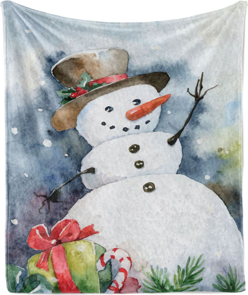 ABAKUHAUS Schneemann Weich Flanell Fleece Decke, Das Malen wie Entwurfs einer Schnee-Silhouette in einer Weihnachtsmütze mit Geschenken, 175 x 230...
