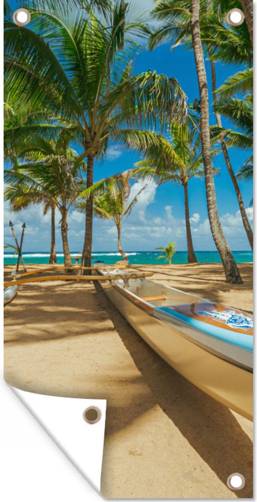 MuchoWow 30x60 cm Outdoor-Poster Gartendeko Sichtschutz Garten Poster für den Garten Boot zwischen Palmen am Strand von Maui