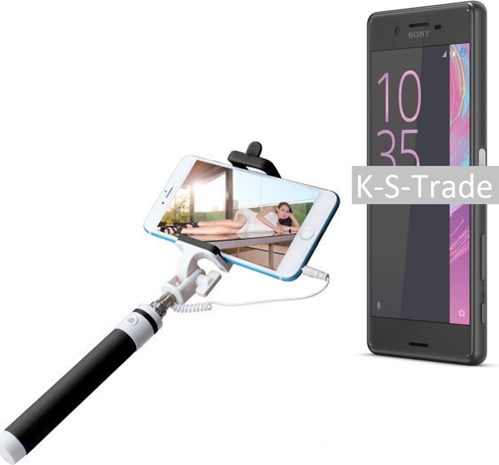 K-S-Trade Selfie Stick kompatibel mit Sony Xperia X Selfiestick kabelgebunden Monopod mit Kabel Stab Stange Selfportrait Handheldstick schwarz 1x