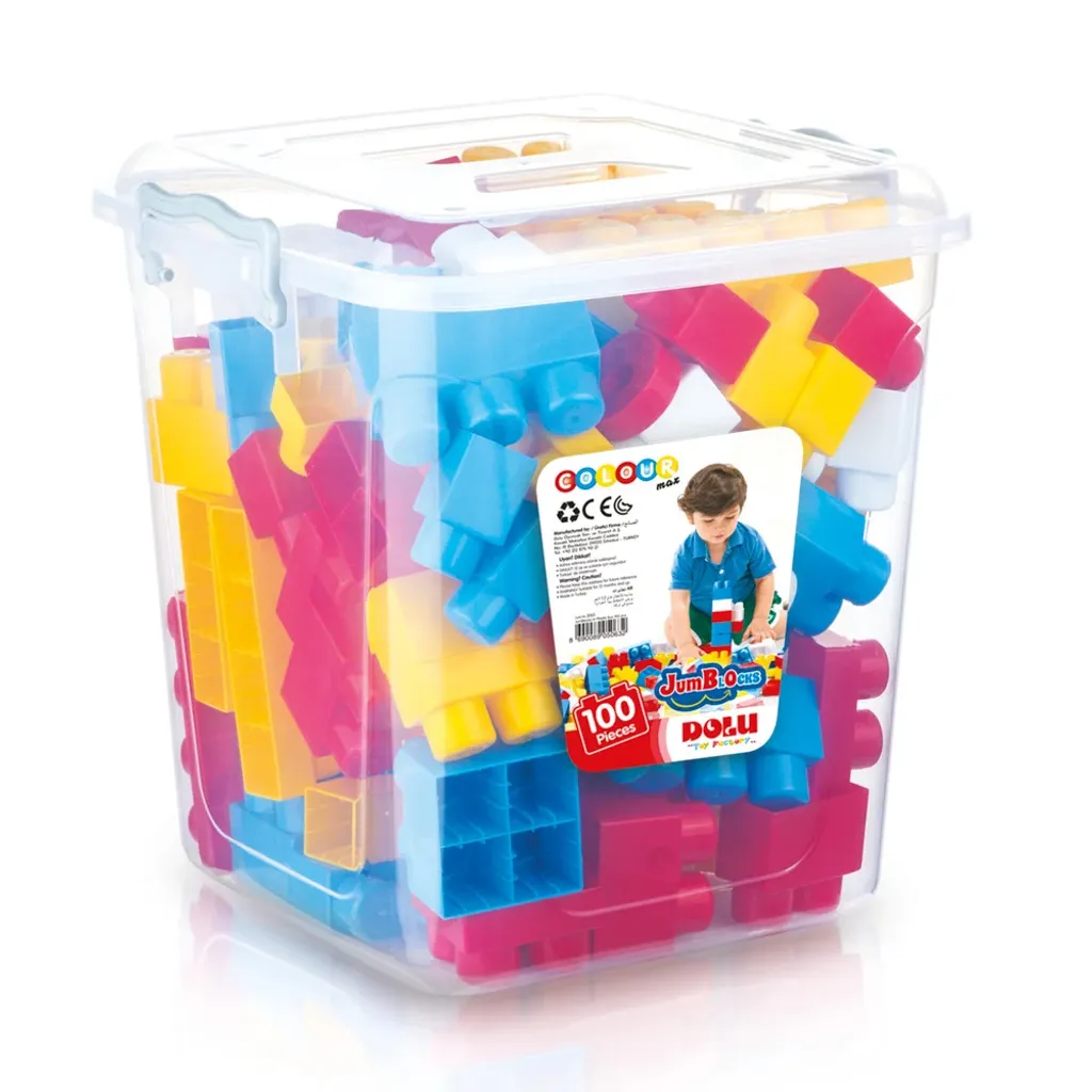 Gros cubes de construction en boîte plastique, 100 pièces colorées
