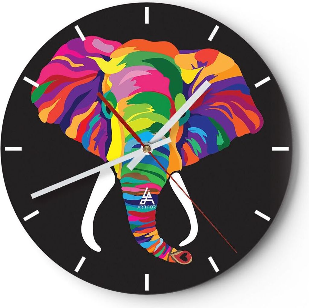 Wanduhr - Rund - Glasuhr - Elefant spaß bunt tier - 40x40cm - Schleichendes Uhrwerk - Lautlos - zum Aufhängen bereit - Dekoration Modern - Wandde...