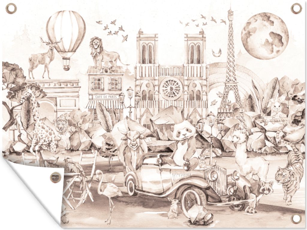 MuchoWow 80x60 cm Outdoor-Poster Gartendeko Sichtschutz Garten Poster für den Garten Kinder - Paris - Panda - Tiere - Heißluftballon