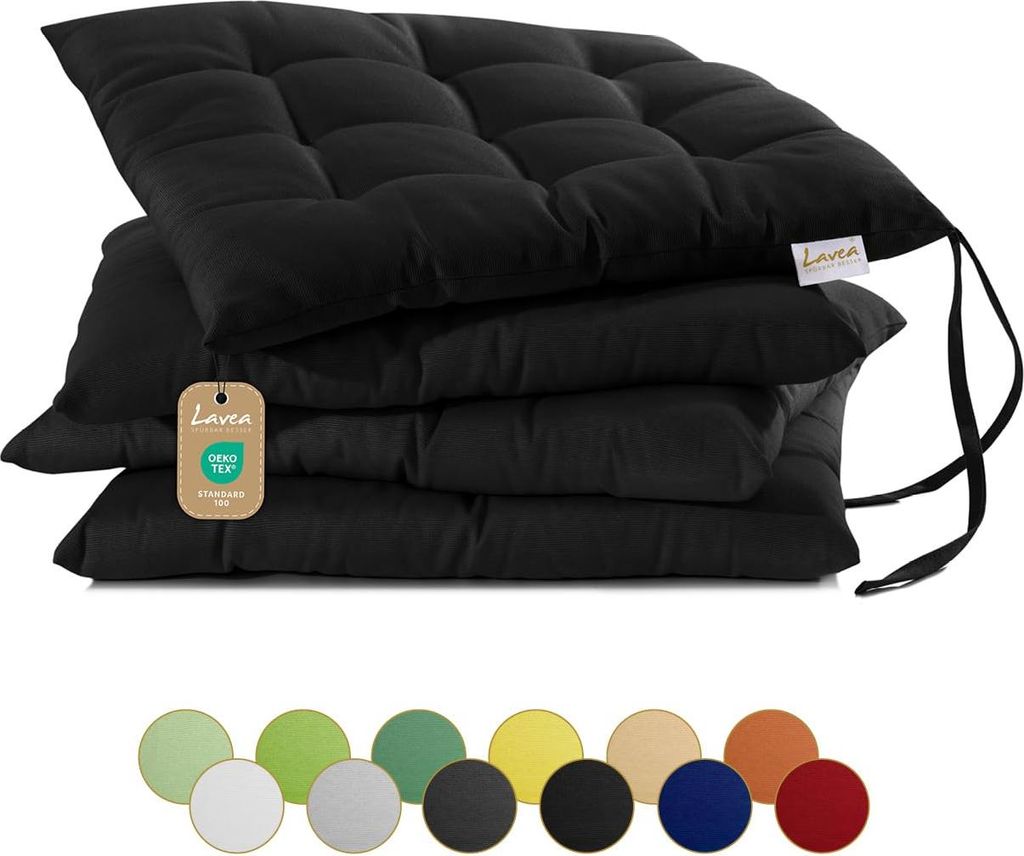 Lavea Sitzkissen 40x40 cm, 4er Set, Schwarz - mit Stoffbändern, Outdoor & Indoor, waschbare Stuhlkissen für Garten, Balkon, Terrasse & Esszimmer