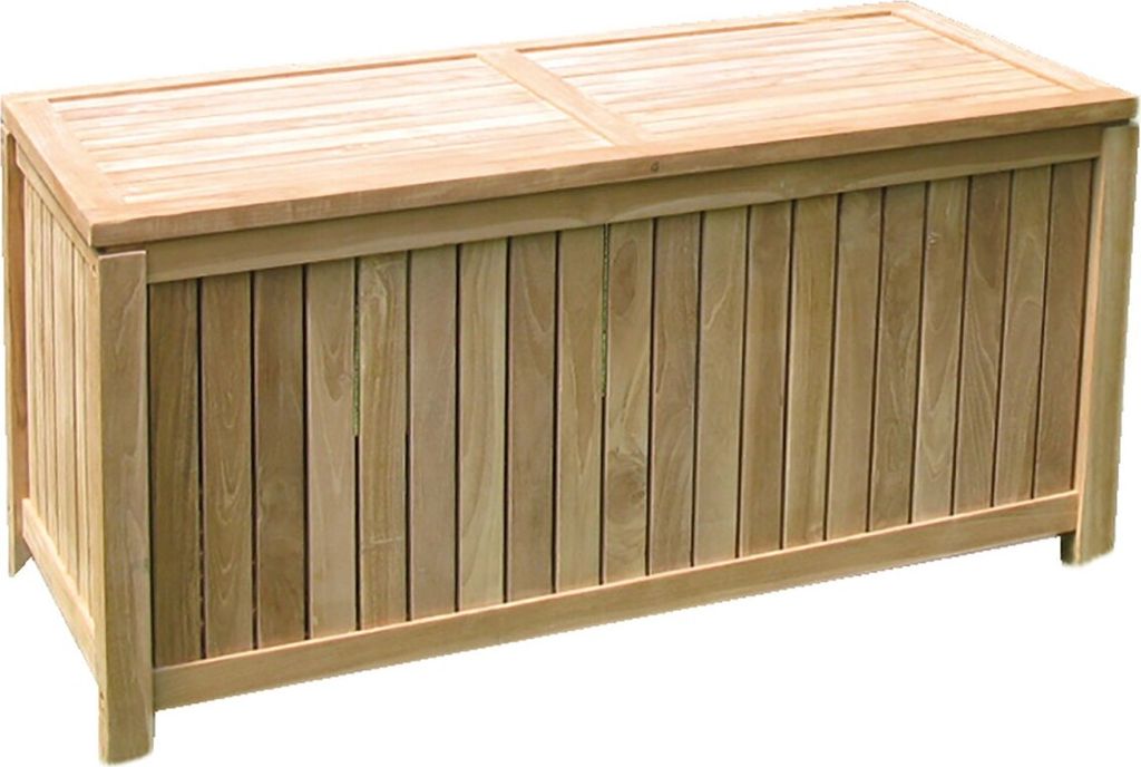 A wooden storage box with a slatted front and a hinged lid.