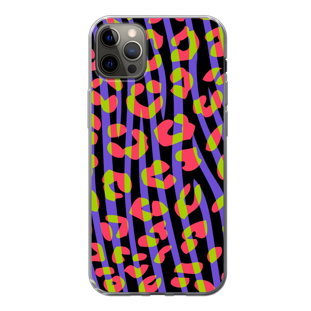 MuchoWow Handyhülle Schutzhülle Hülle für iPhone 12 Pro Max Pantherdruck - Zebra - Neon Silikon Softcase Handy Hülle - Hartschale