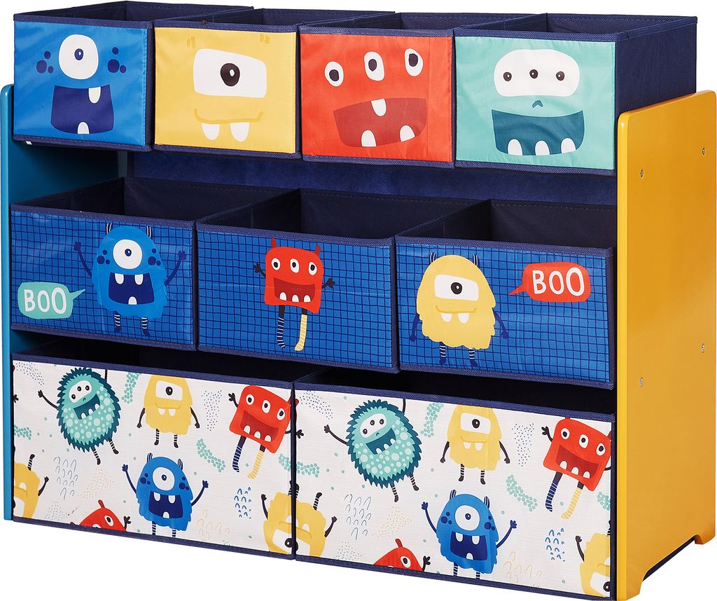 Ginger Home Kinderregal mit 9 Textilboxen – MONSTER, Spielzeugaufbewahrung Kindermöbel