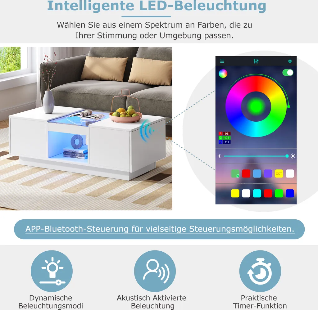 Table Basse Blanche avec LED Multicolores APP et 2 Tiroirs de Rangement - 3