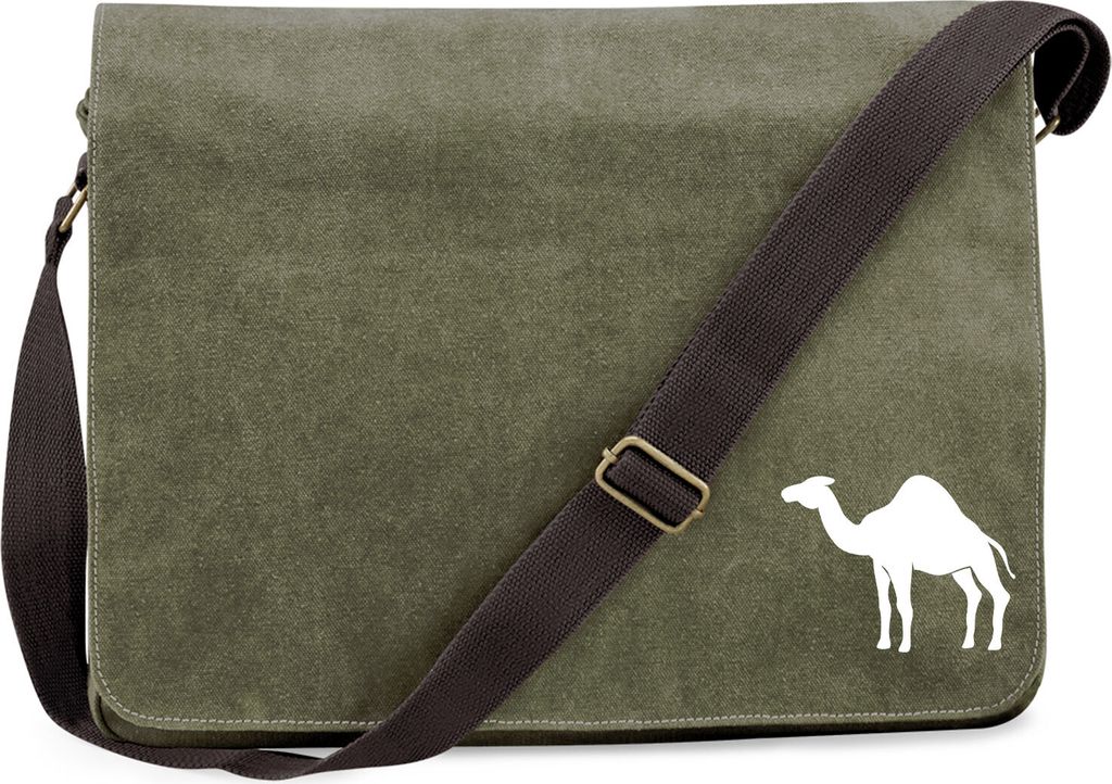 Huuraa Umhängetasche Dromedar Kamel Silhouette 14 Liter Military Green Canvas Laptoptasche Geschenkidee