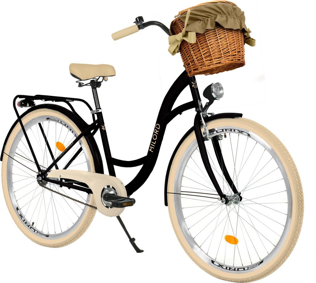 Milord Komfort Fahrrad Mit Weidenkorb Damenfahrrad, 28 Zoll, Schwarz-Creme, 1 Gang
