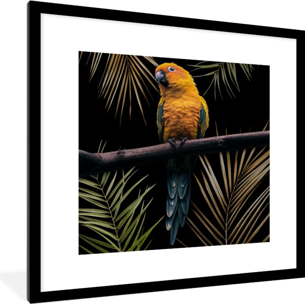 MuchoWow MuchoWow Gerahmtes Poster Vogel - Papagei - Zweig - Blätter 40x40 cm - Poster mit zchwarzem Bilderrahmen - Poster - Plakat im Rahmen