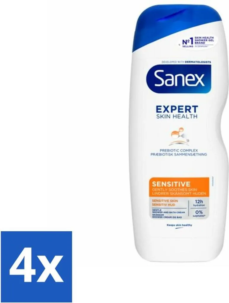 Sanex Dermo Sensitive Gel Douche Peaux Sensibles 600ml - Pack de 4 Flacons