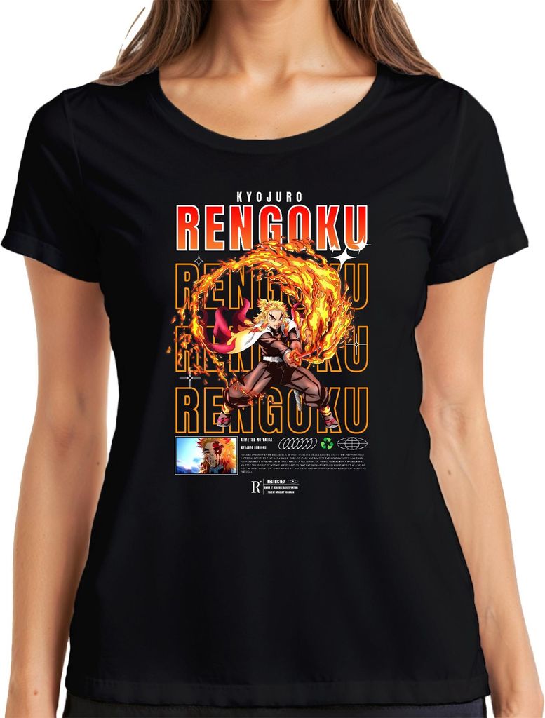 Rengoku Kyojuro Kimetsu no Yaiba Flamme Hashira Anime Geschenk Damen T-Shirt, Schwarz, 3XL