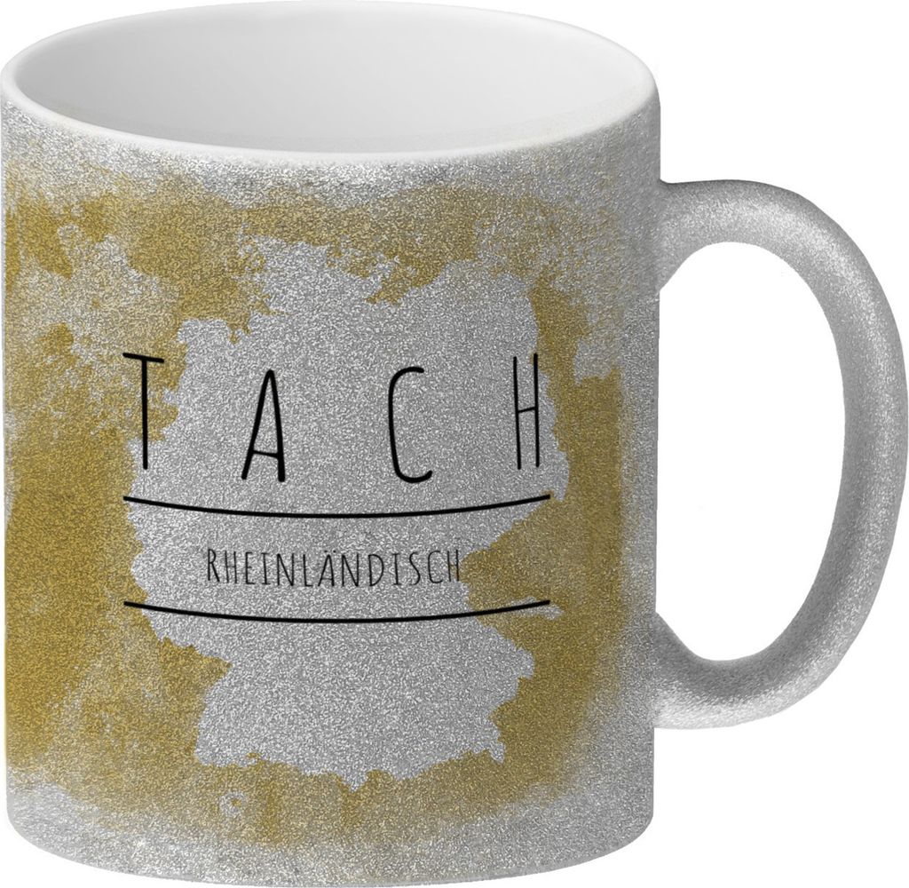 Hallo auf Rheinländisch Tach lustiger Glitzer-Kaffeebecher mit gelbem