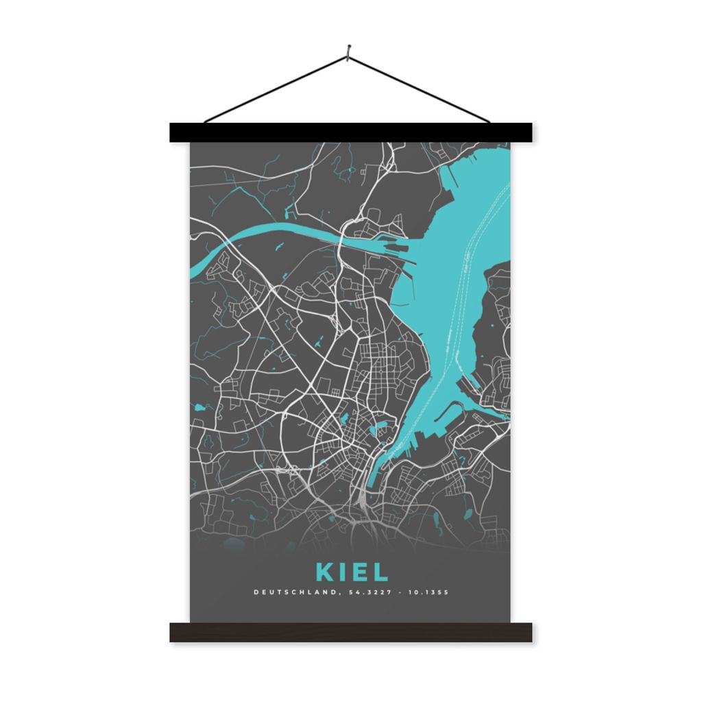 MuchoWow Textilposter Karte - Stadtplan - Kiel - Deutschland - Blau 120x180 cm mit schwarzem Rahmen - Fotos