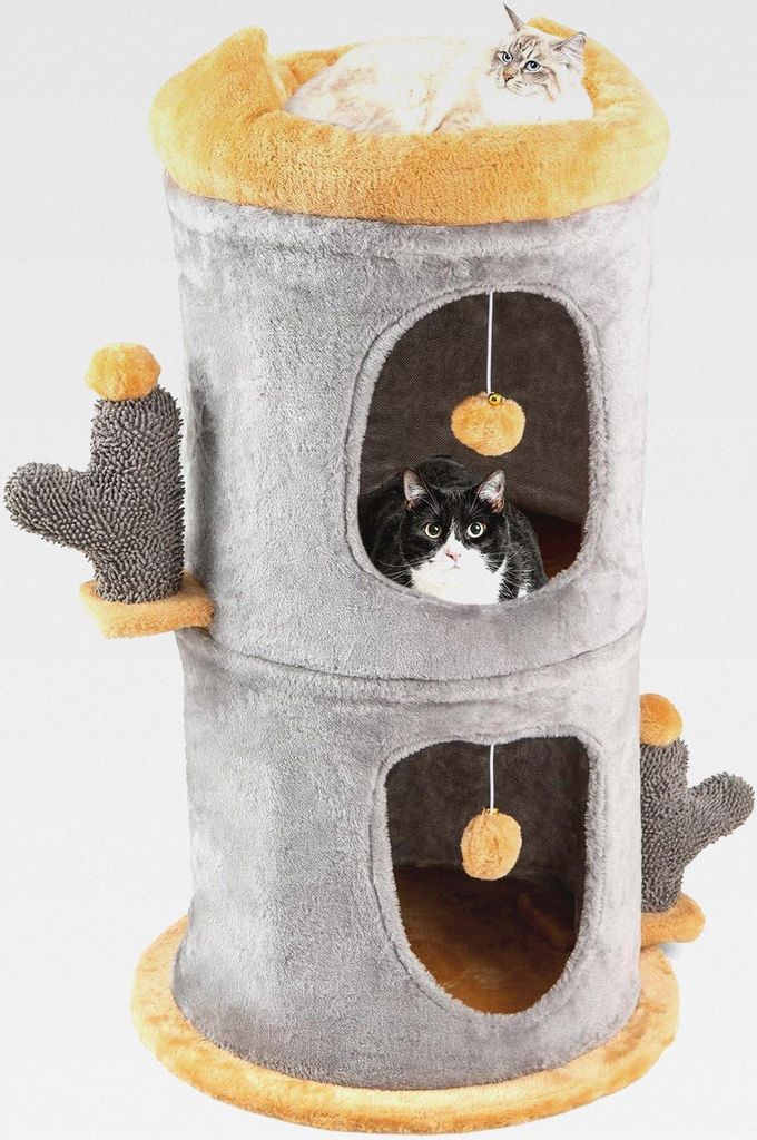 Kratztonne Katzentonne, Spieltonne mit 2 Katzenhöhlen, Separates Design, Katzenbett, 2 Bällen & Pfosten, Katzenhaus für Katzen, Ø48 x 83 cm, Ka...
