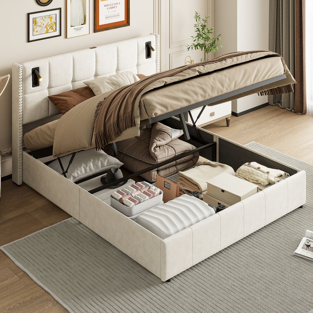 160 x 200 cm großes Bett mit Stauraum, Doppelbett mit Lattenrost und Stauraum, Samtbezug, Leselampe, Beige