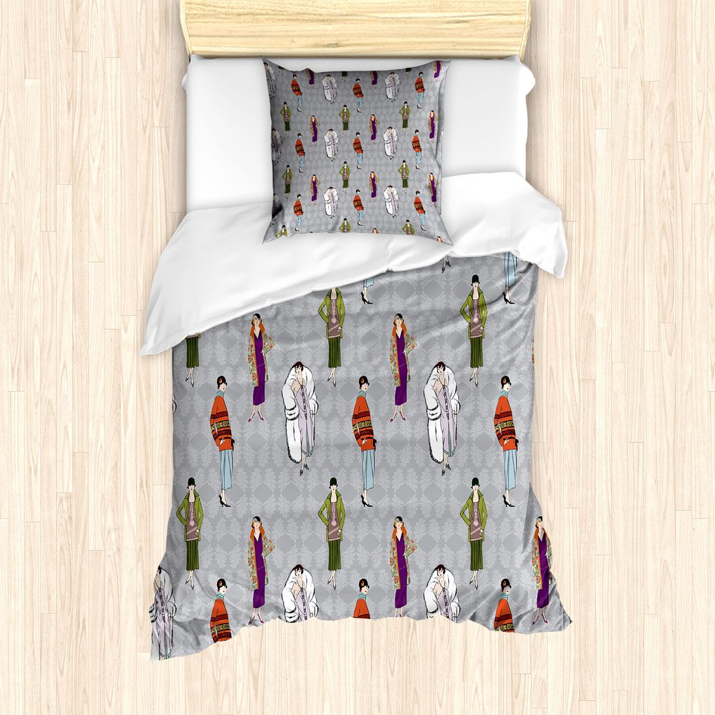 ABAKUHAUS Retro Bettbezug Set für Einzelbetten, Flapper Mädchen 20s Mode, Milbensicher Allergiker geeignet mit Kissenbezug, 135 cm x 200 cm - 80 ...