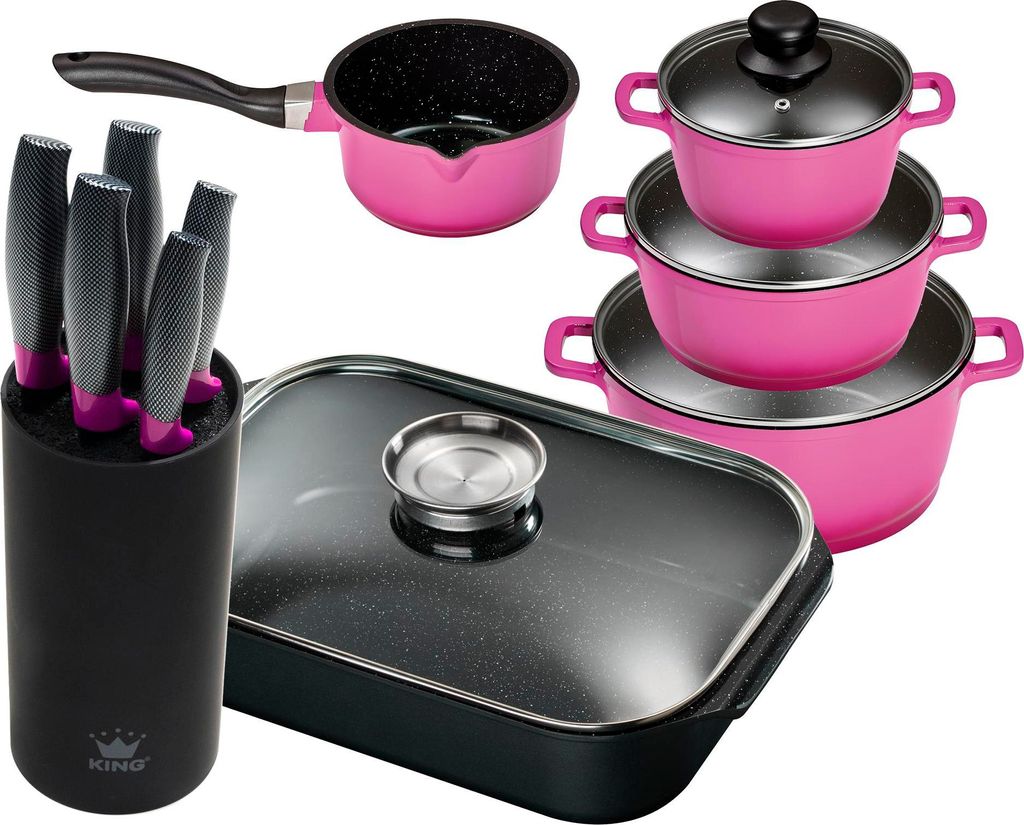 11tlg. KING Vorteilsset BERRY: 4tlg. Kochtopfset Aluguss Berry, 3xKochtöpfe in Ø16,Ø20,Ø24cm, 1xStieltopf Ø16cm + 6tlg. Messerset CARBON BERRY...