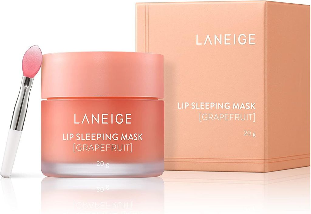A LANEIGE Lip Sleeping Mask in Grapefruit flavor is shown with its packaging and applicator.