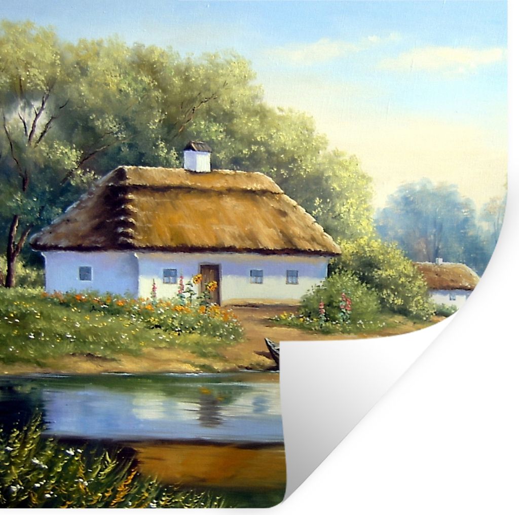 MuchoWow Wandtattoo Wandsticker Wandaufkleber Malerei - Haus - Natur - Wasser - Ölfarbe 100x100 cm Selbstklebend und Repositionierbar - Wierderv...