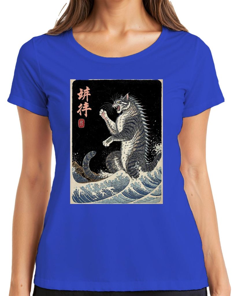 Kampfkatze Ukiyoe Meereswellen Japanisch Vintage Geschenk Damen T-Shirt, Blau, S