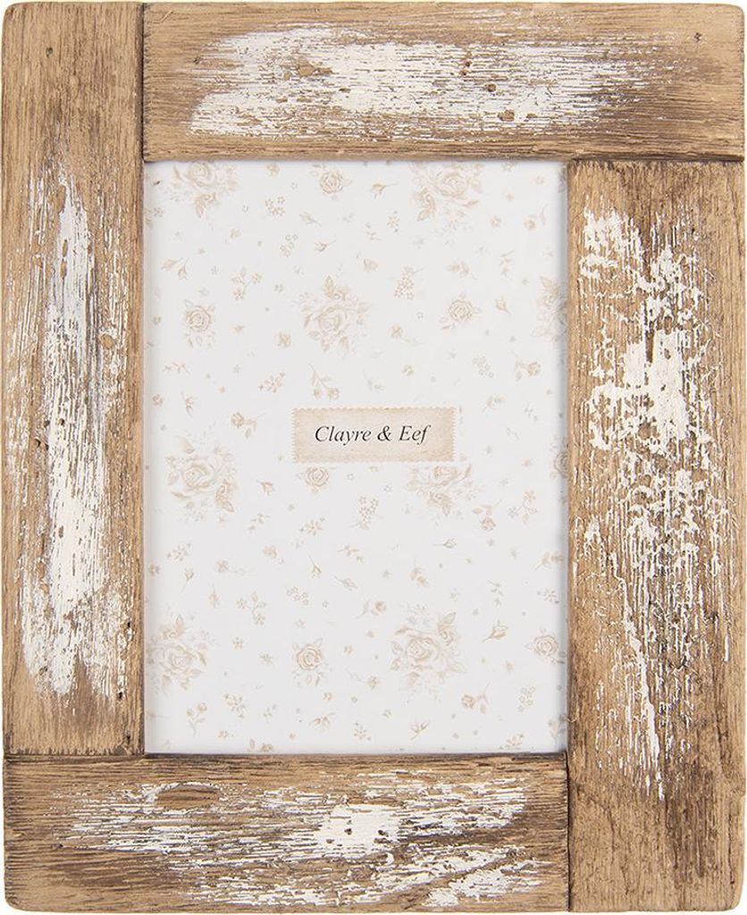 A rustic wooden picture frame with a floral patterned insert.