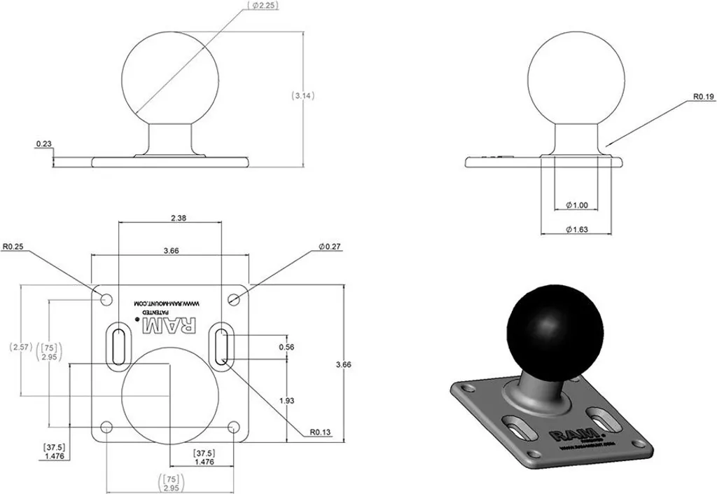 Support VESA 75x75 Argent avec Rotule RAM Mounts pour Écran et Tablette