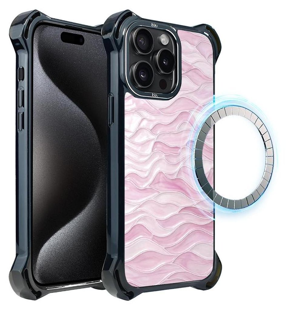 Schutzhülle für das iPhone 15 Pro, MagSafe-kompatibel, verstärkte Ecken, schwarz, rosa Wellen