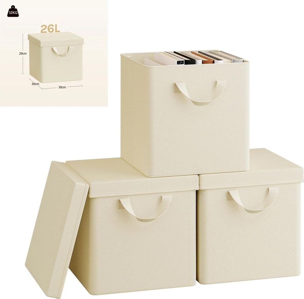 Aufbewahrungsbox aus Stoff für Kleidung - Faltbox mit Deckel - 3er Set - 26 l - Metallrahmen - Rechteckig - 30 x 29 x 30 cm - Hellgrau