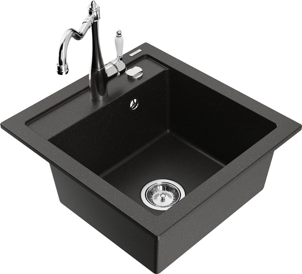 Mexen Vito 1-Becken-Granit-Spüle mit Mischbatterie Carla, Schwarz/Gold metallisch - 6503-75-670700-00