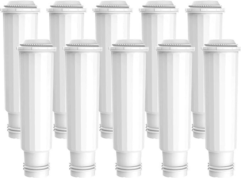 A row of ten identical white water filter cartridges standing upright.