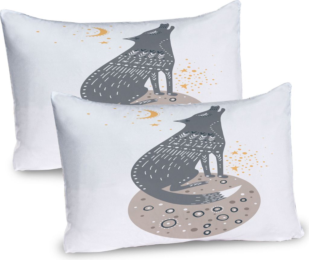 ABAKUHAUS magic Moon Kissenbezug Packung mit 2, Howling Wolf auf einem Planeten im Weltraum Crescent nette Zeichnung auf einfachen Hintergrund, Dek...