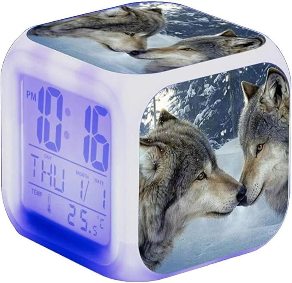 Wolf Wecker Kinder, LED Nachttischwecker, Digital Uhr mit Zeit, Datum, Temperaturanzeige, Snooze Schlummerfunktion, leise, modernes Design 8x8x8cm