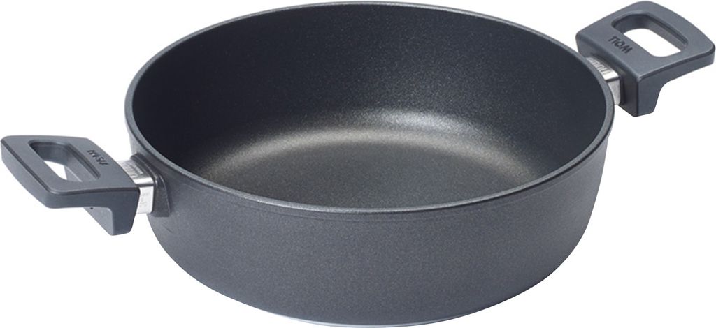 A black pot with two handles on a white background.