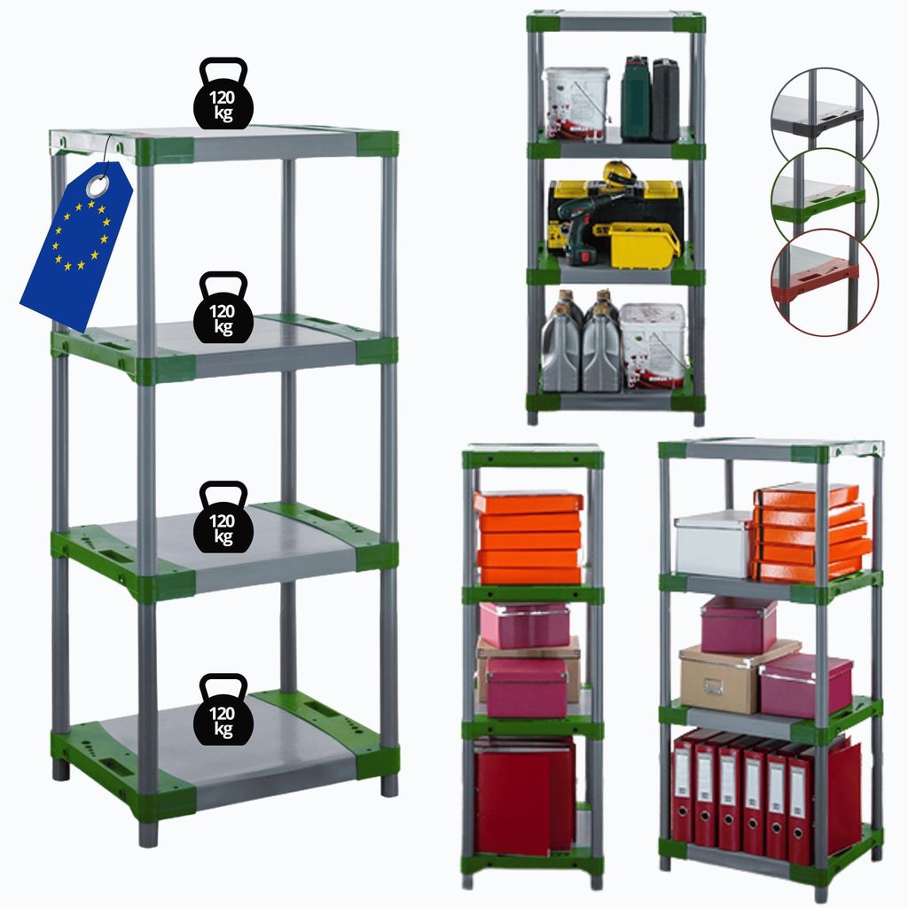 MODO24 Kunststoffregal, 4 Ablagen, 120kg/Boden, Schwerlast, Steckregal, Lagerregal, Plastikregal, Werkstatt, 138x50x46?cm, Grün, JUPITER